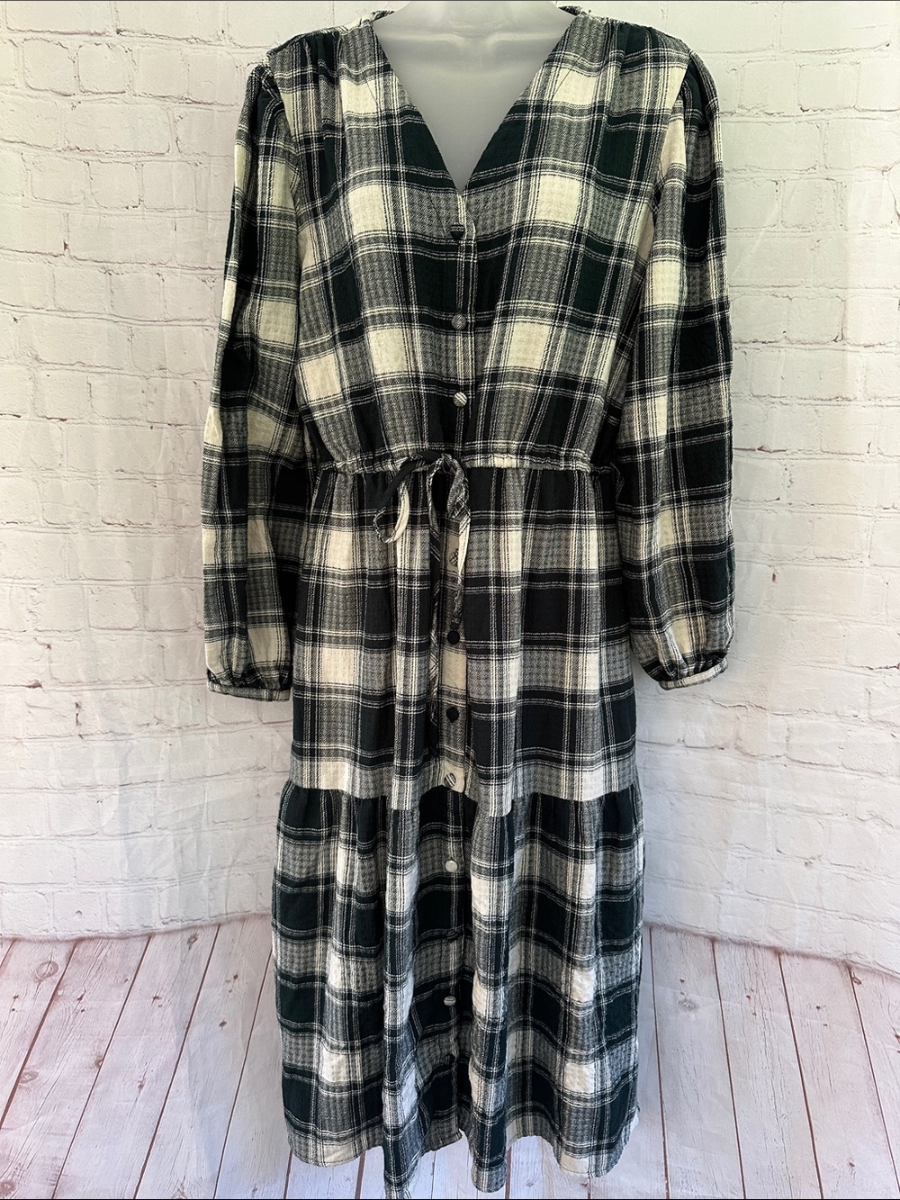 Knox Rose dark green and white button front flannel midi dress with tie M